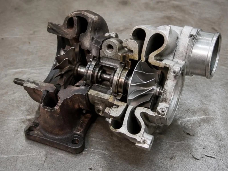Przekrój turbosprężarki: turbina, wał i sprężarka